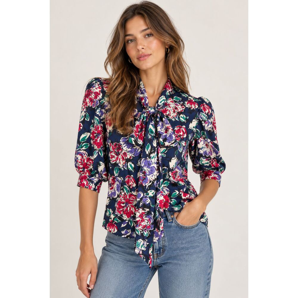 GIVENCHY NOUVELLE BOUTIQUE Floral Vintage Blouse Neck Tie Sz 36 (US S/4)